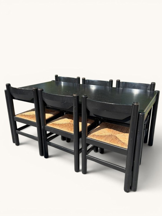 Eettafel met 6 stoelen van Vico Magistretti voor Cassina – Eetkamerset, Rattan, Wood (photo 9 of 9)
