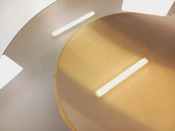 Image 1 of Vintage ronde salontafel van glas, leer en metaal, in Space Age-stijl uit de jaren 70.