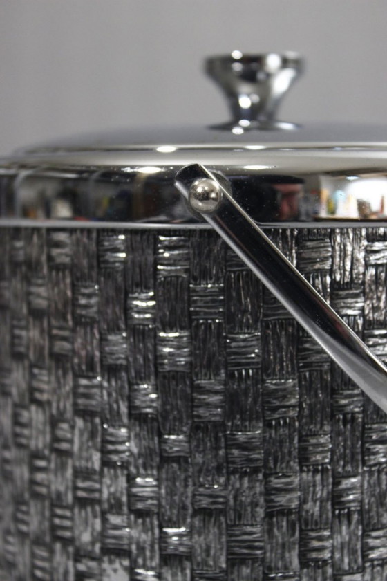 Image 1 of Secchiello per il ghiaccio vintage in metallo cromato con motivo a canna, stile anni '70, Pergay Manetti