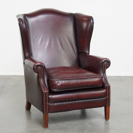 Bordeaux Red Beef Leather Ear Armchair in English Style