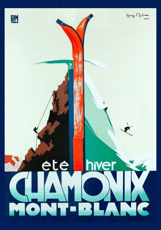 Image 1 of Chamonix Mont-Blanc, zomer/winter – Vintage skiposter van Henry Reb, 70 x 100 cm