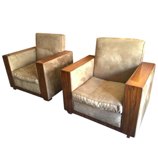 Set di Poltrone Club Art Déco in Alcantara e Noce, 1930