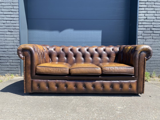 Image 1 of Ensemble canapé Chesterfield 3+2 places, marron à motif flamme