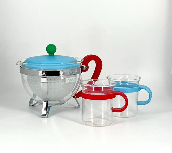 Image 1 of Rare Vintage Bodum Tea Set with Glass Teapot "Chambord"& Mugs – Scandinavian Postmodern Design, 1970s , 1980s