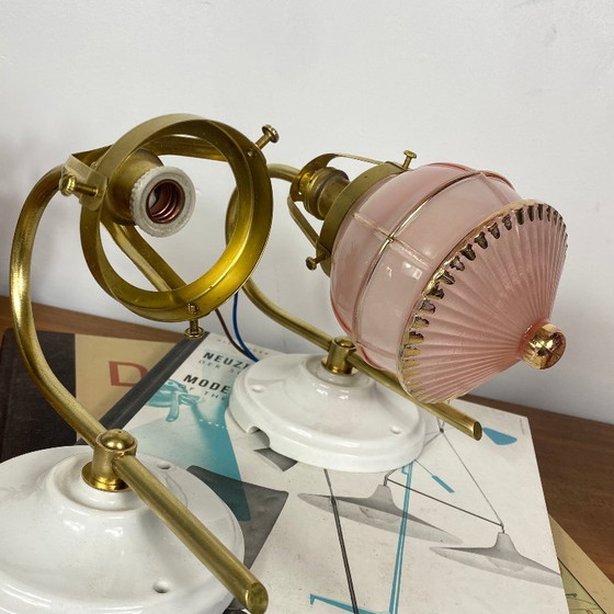 Pair of Antique Brass Swan Neck Wall Sconces, Vintage Pink Glass Globes and Gilding, Porcelain Rosettes (photo 7 of 9)