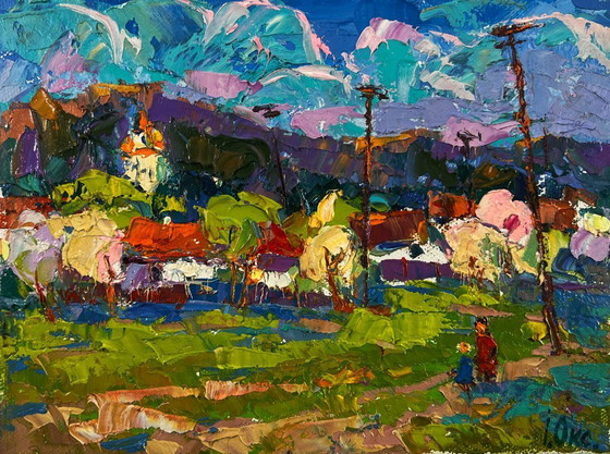Image 1 of Original Oil Painting Summer Village Landscape Quiet fields under the open sky
