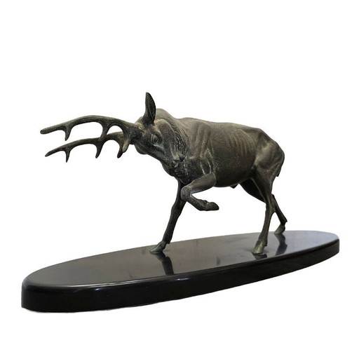Escultura de ciervo Art Déco sobre base de mármol Irénée Rochard