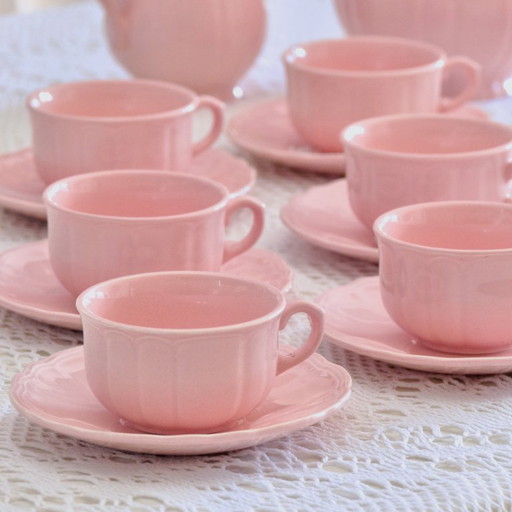 Antique pink coffee service signed Salins-les-Bains