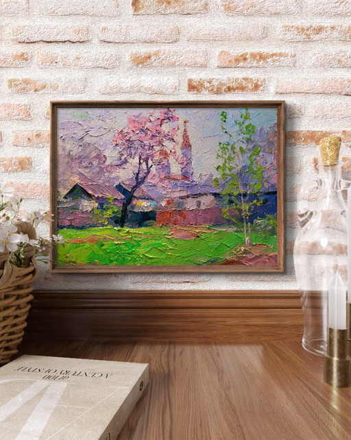 Original Oil Painting Rural Landscape Village Street Spring Has Come – schilderijen tekeningen, Canvas (photo 2 of 7)