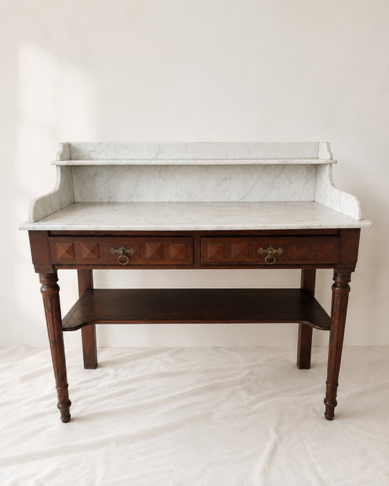Antiker Schminktisch im Stil Ludwigs XVI. aus Holz und weiß geädertem Marmor – Kommoden, Wood, Marble (photo 5 of 5)