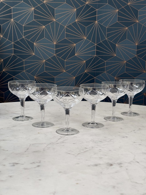 Holmegaards Glasværk - Años 20 - Juego de 6 copas de cóctel y champán de cristal grabadas a mano - Modelo Ulla