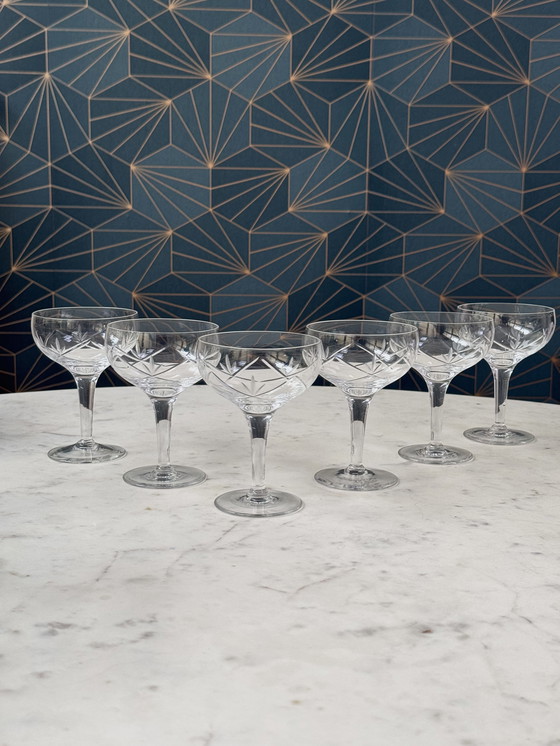 Image 1 of Holmegaards Glasværk - Años 20 - Juego de 6 copas de cóctel y champán de cristal grabadas a mano - Modelo Ulla