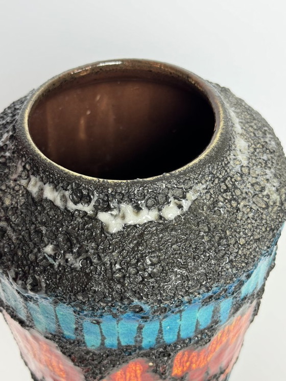 Image 1 of Large Ceramic Black Fat Lava Vase with Brilliant Azur Blue and Orange Enamel Accents, West Germany 1970s.