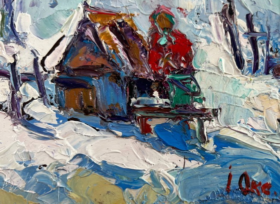 Image 1 of Original Oil Painting Winter Village Landscape The icy breath of the morning