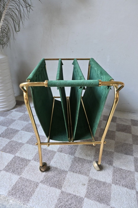 Image 1 of Brass Lectern on wheels, green suede upholstery