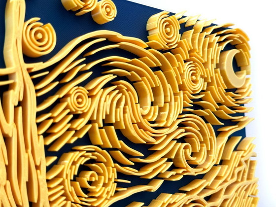 Image 1 of Notte stellata reinterpretata: bassorilievo scultoreo in movimento, opera d'arte da parete.