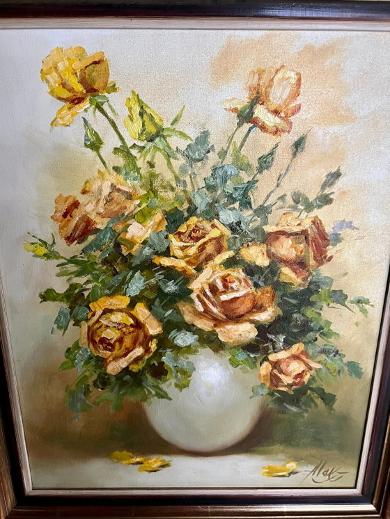 Signiertes Ölgemälde aus der Mitte des Jahrhunderts mit gelben Rosen. Ein Gemälde aus den 1950er-1960er (photo 6 of 6)