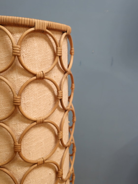 Image 1 of Vintage Vloerlamp Hout, Stof & Rotan Staande Lamp