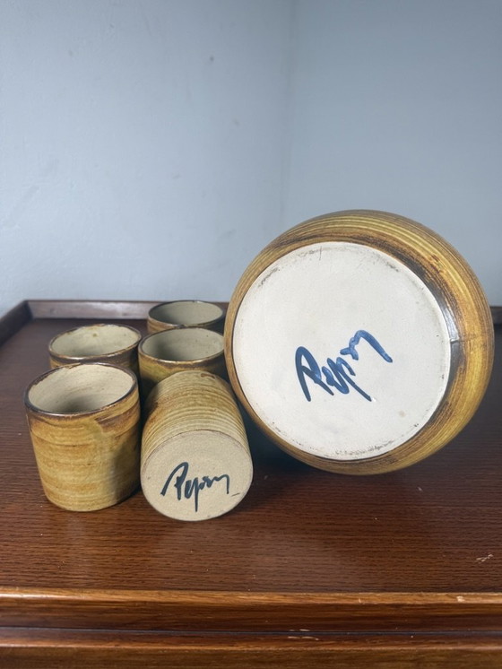 Image 1 of Aardewerk Brutalist Water of Wijnkaraf met Bekers Vintage