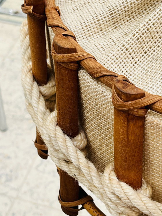 Image 1 of Scandinavian pendant light made of wood and jute canvas