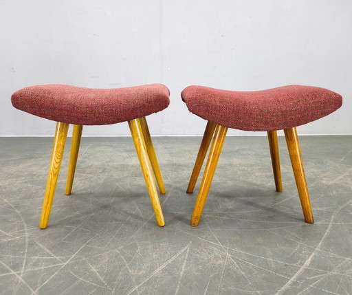 Pair of Mid-Century Maple Stools with Upholstery, Czechoslovakia 1960s