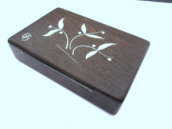 Image 1 of Danish Design Bog Oak Wood Mid-Century Cigarette Box, Signed and Hallmarked, with Sterling Silver Inlaid Floral Design