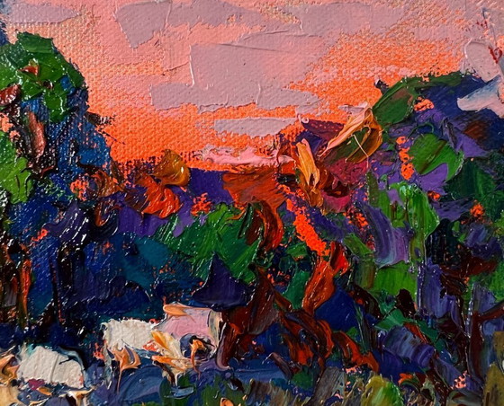 Image 1 of Original Oil Painting Summer Sunset Landscape Forest Evening