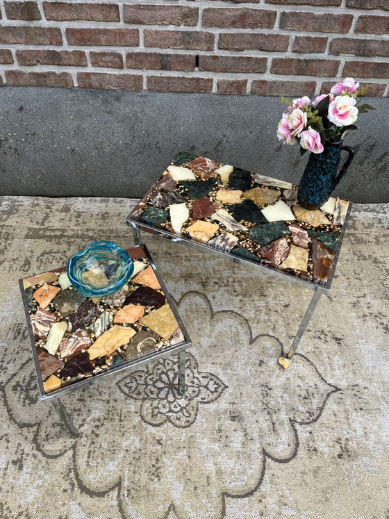Tavolini laterali vintage cromati con piano in onice e marmo – Iron, Marble (photo 3 of 11)