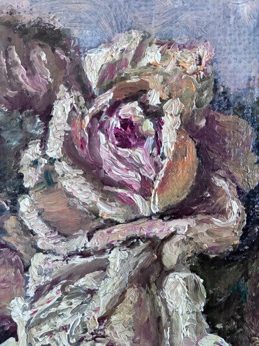 Peinture à l'huile originale vintage représentant une nature morte de fleurs.