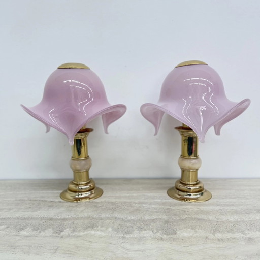 Set aus 2 rosa Murano Glas Tischlampen mit Alabaster-Detail, 1970er Jahre