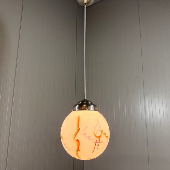 Image 1 of Art-Deco-Pendelleuchte aus Buntglas