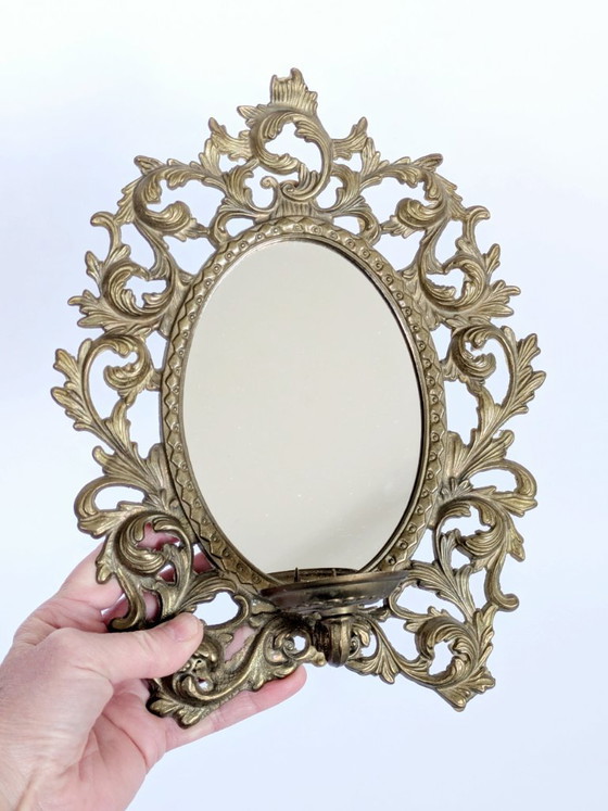 Image 1 of Vintage Brass Mirror Wall Sconce Candle Holder Rococo Scrollwork Hollywood Regency 1960s