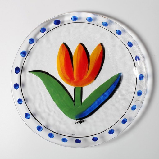 Kosta Boda Tulip Glass Platter by Ulrica Hydman Vallien / Scandinavian Glass Art / Sweden / 1991