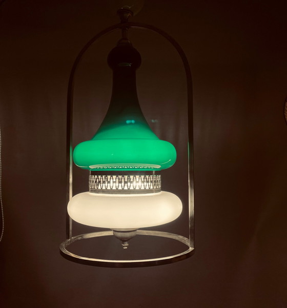 Image 1 of Portuguese Mid Century Modern Green Opaline Milk Glass Chandelier for High Ceilings, 1940s-50s