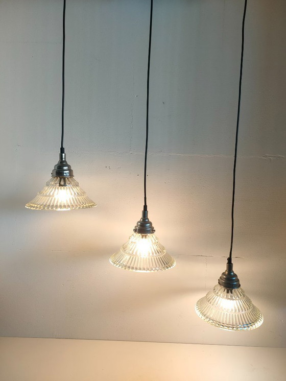 Image 1 of Set of 3 Glass Pendant Lights Holophane Style