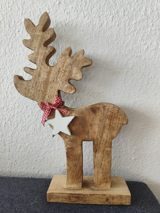 🌲 Cute wooden moose figurine – 40 cm – natural – with bow & star 🌟