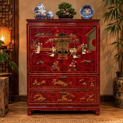 Armario chino vintage rojo y dorado / Armario nupcial asiático / Bohemio / Armario lacado oriental