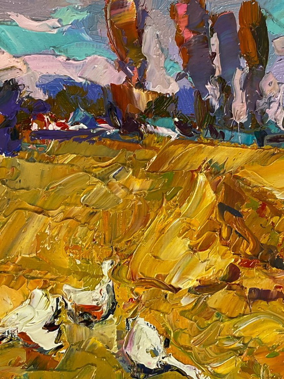 Image 1 of Peinture à l'huile originale, paysage rural, oies, vie à la campagne, promenade d'automne dans le village