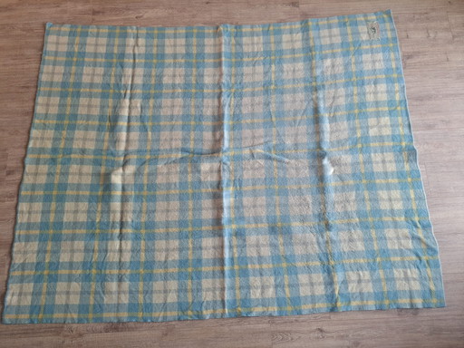 Vintage Wool Blanket - Blue and Yellow Checkered Pattern - Wolf Federation - 171 x 215 cm