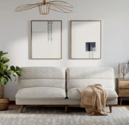 Canapé-lit futon 2 places en velours côtelé beige de luxe, convertible et capitonné.