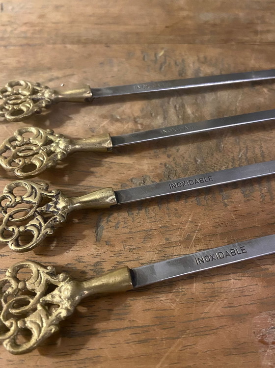 Image 1 of Spiedini per barbecue, 4 pezzi, acciaio inox, stile vintage anni '60, ottone.