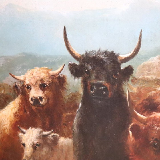 Image 1 of Large Oil Painting on Canvas, Herd of Cattle, Signed Watson W. 19th Century