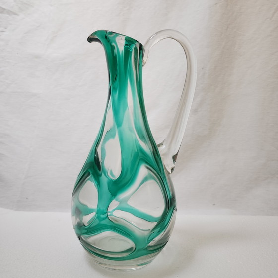 Handgeblazen kunstglazen kan uit het midden van de 20e eeuw in turquoise groen – organische, vrije vorm (photo 12 of 12)