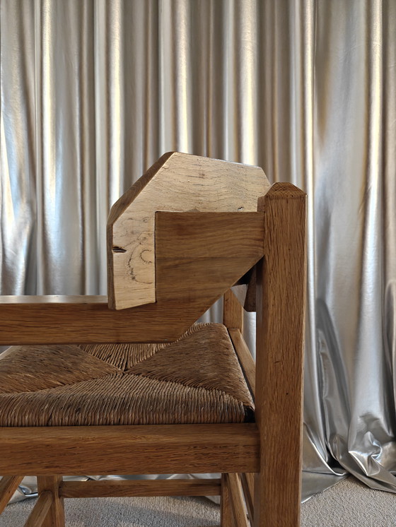 Image 1 of Brutalist Corner Chair – Wicker & Wood, Unique Back Detail