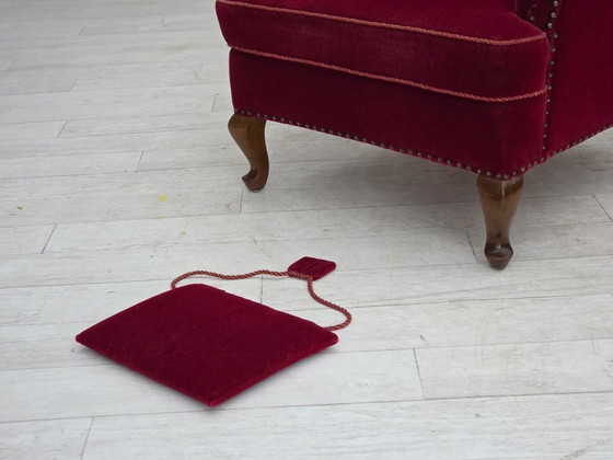 Image 1 of 1960s, Danish highback wingback armchair, cherry-red furniture velour.