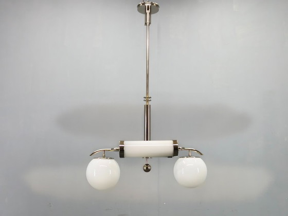 Image 1 of Exceptional Bauhaus Chrome Chandelier with Glass Shades, 1930s