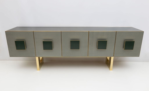 Postmodern Italiaans bar dressoir van gekleurd glas en messing, jaren 80