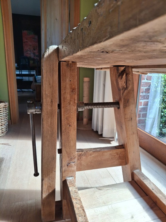 Mooie Gerestaureerde Antieke Werkbank – Consoles, Metal, Wood (photo 9 of 10)