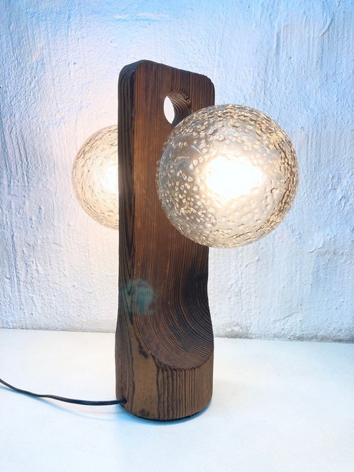 Tischleuchte von Temde aus Holz und Glas zweiflammig 70er brutalistischer Stil
