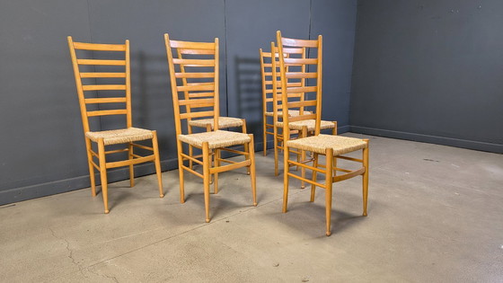 Image 1 of Set of 6 Beech wood italian ladder back chairs, 1970s
